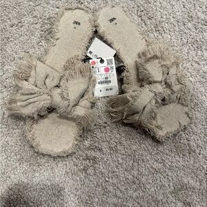 Zara Beige Frayed Bow Slides